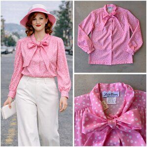 Vintage 70s Pink Polka Dot PussyBow Blouse